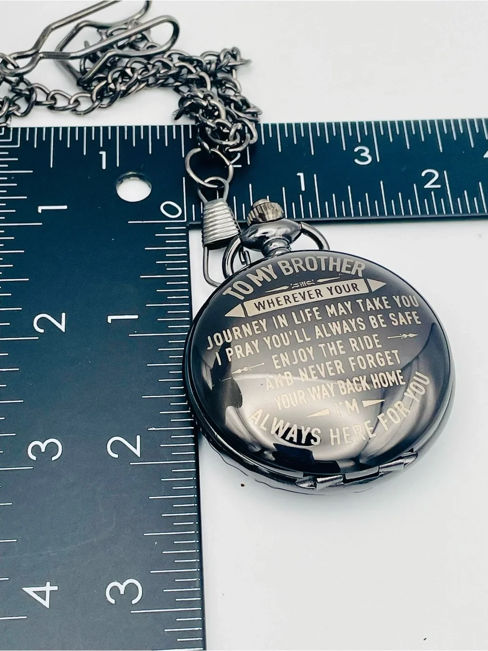 Engraved Gunmetal Pocket Watch with Chain - 